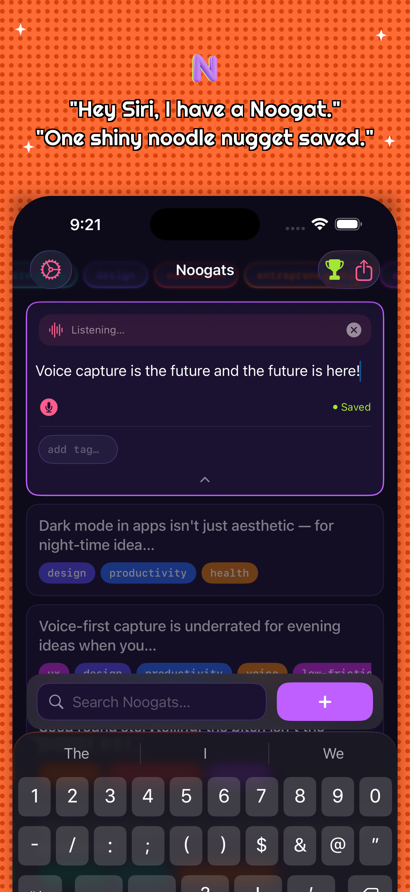 Noogat app showing Siri voice capture in action — the app is listening and saving a new noogat hands-free