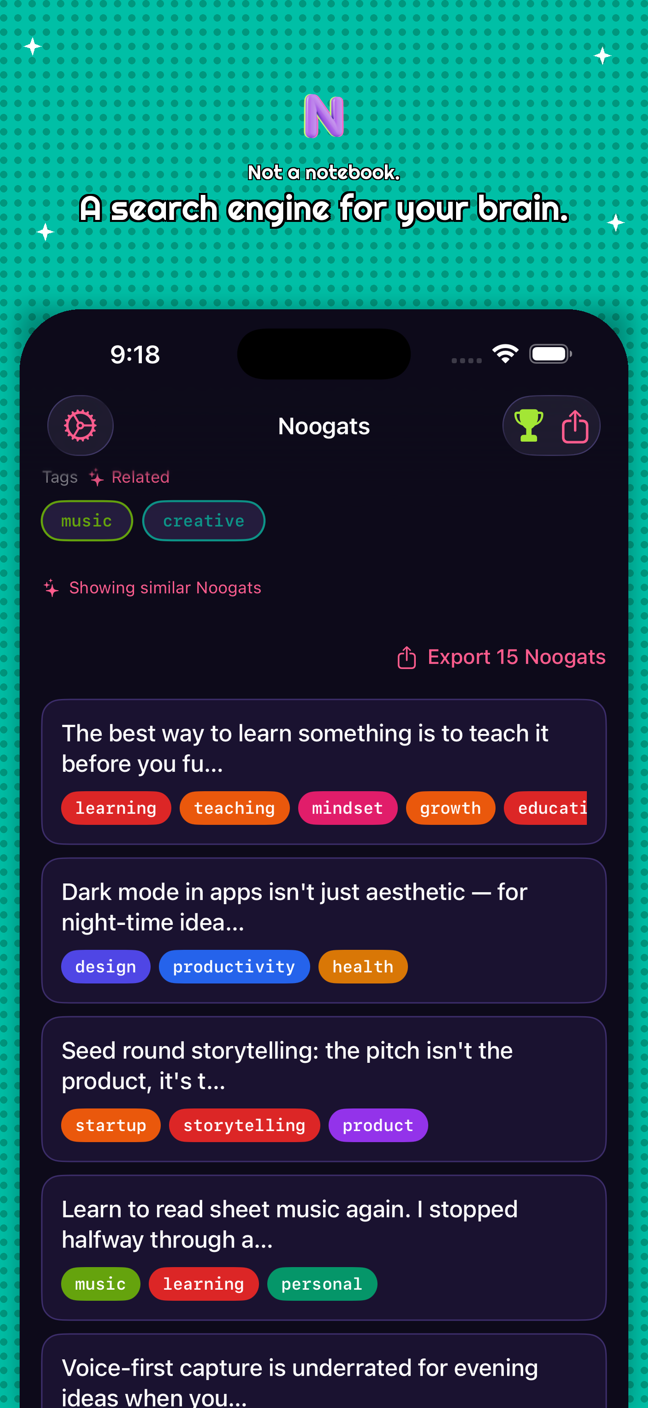 Noogat semantic search results showing related ideas grouped by tag — 'A search engine for your brain'