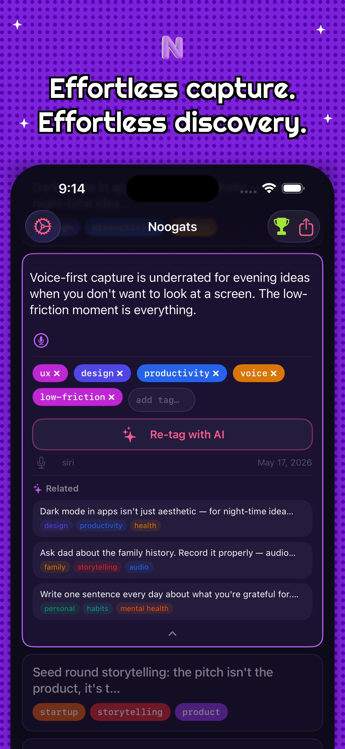 Noogat home feed showing multiple captured ideas with colorful AI-generated tags